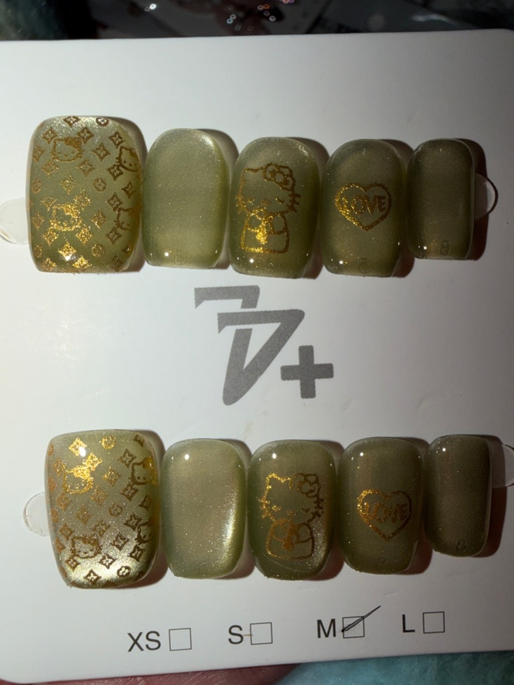 Olive Green Press-On Nails with Gold Hello Kitty and Heart Accents